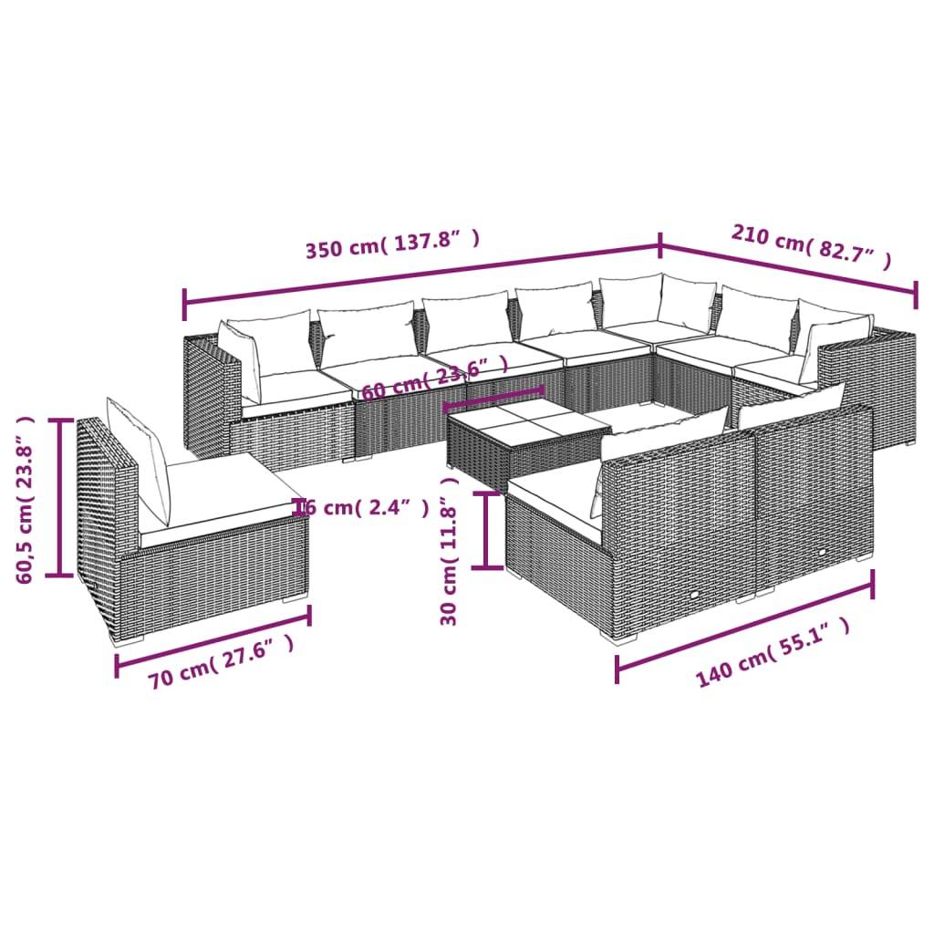 vidaXL 11-tlg. Garten-Lounge-Set mit Kissen Poly Rattan Braun