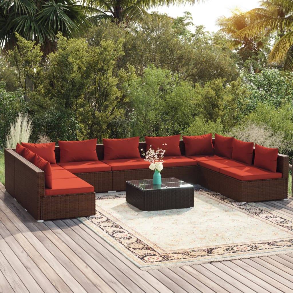 vidaXL 10-tlg. Garten-Lounge-Set mit Kissen Poly Rattan Braun
