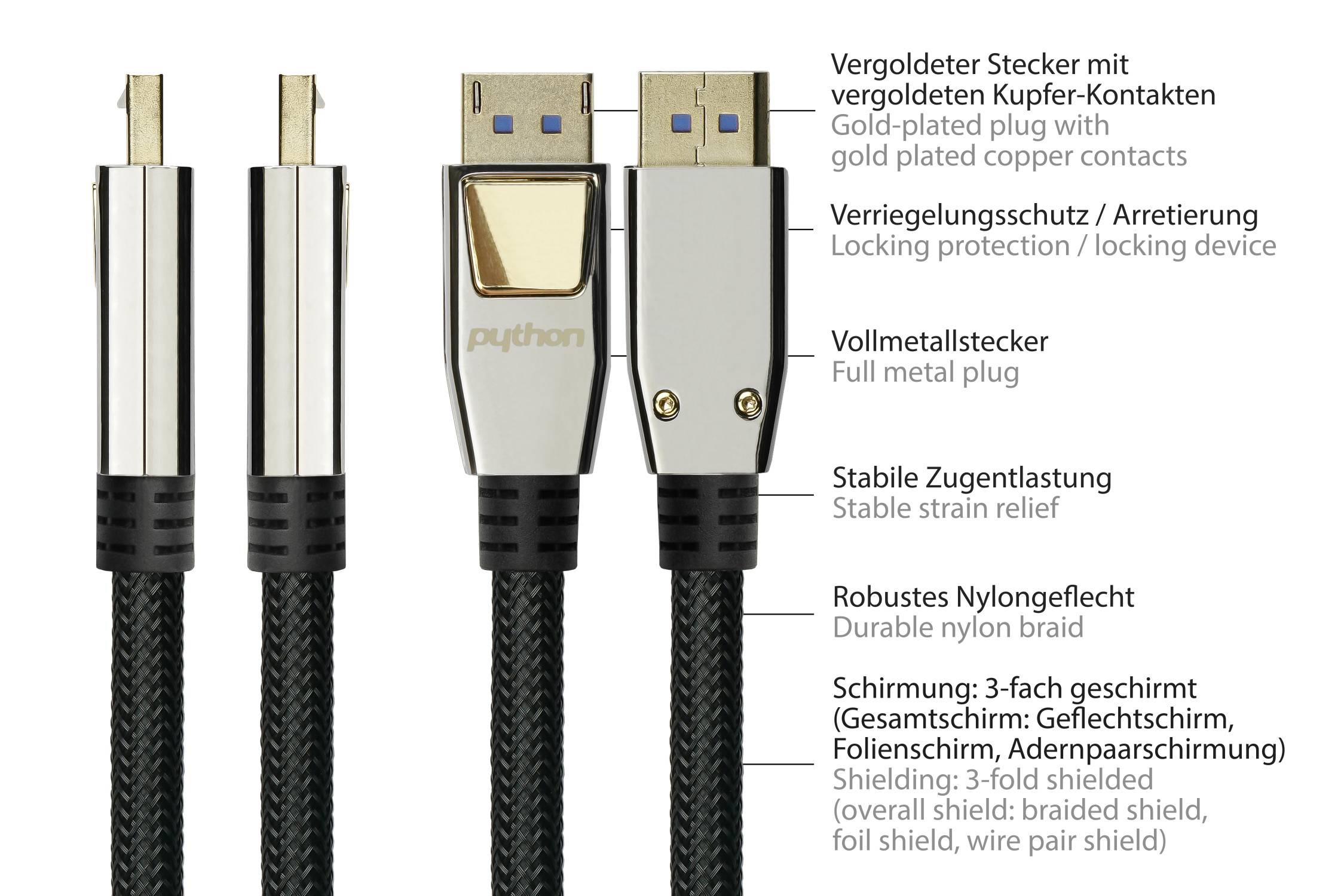PREMIUM DisplayPort 2.0 Kabel, 4K @240Hz / 8K @60Hz, Vollmetallstecker, Kupferleiter,schwarz, 0,5m PYTHON® Series