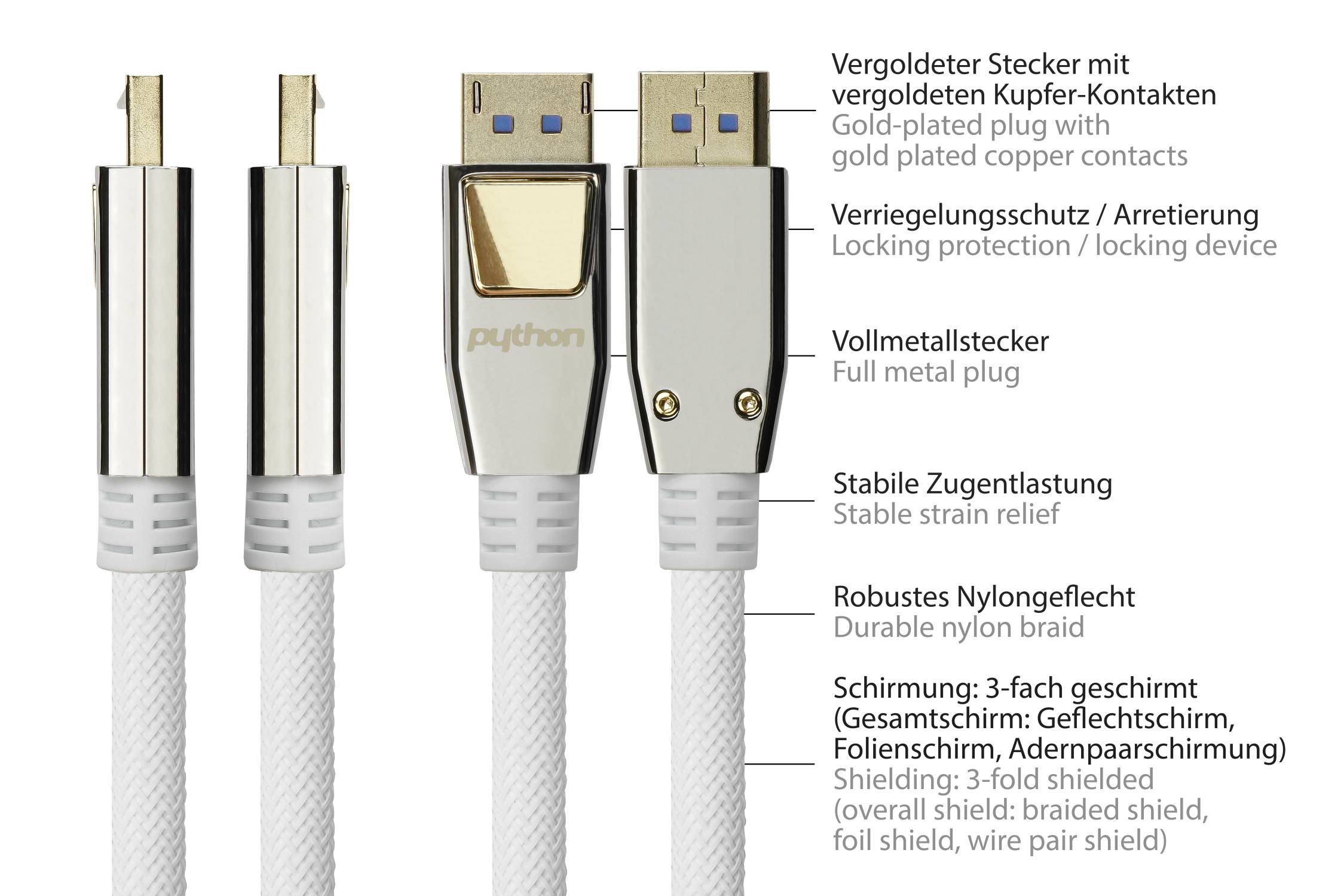 PREMIUM DisplayPort 2.0 Kabel, 4K @240Hz / 8K @60Hz, Vollmetallstecker, Kupferleiter,weiß, 3m, PYTHON® Series