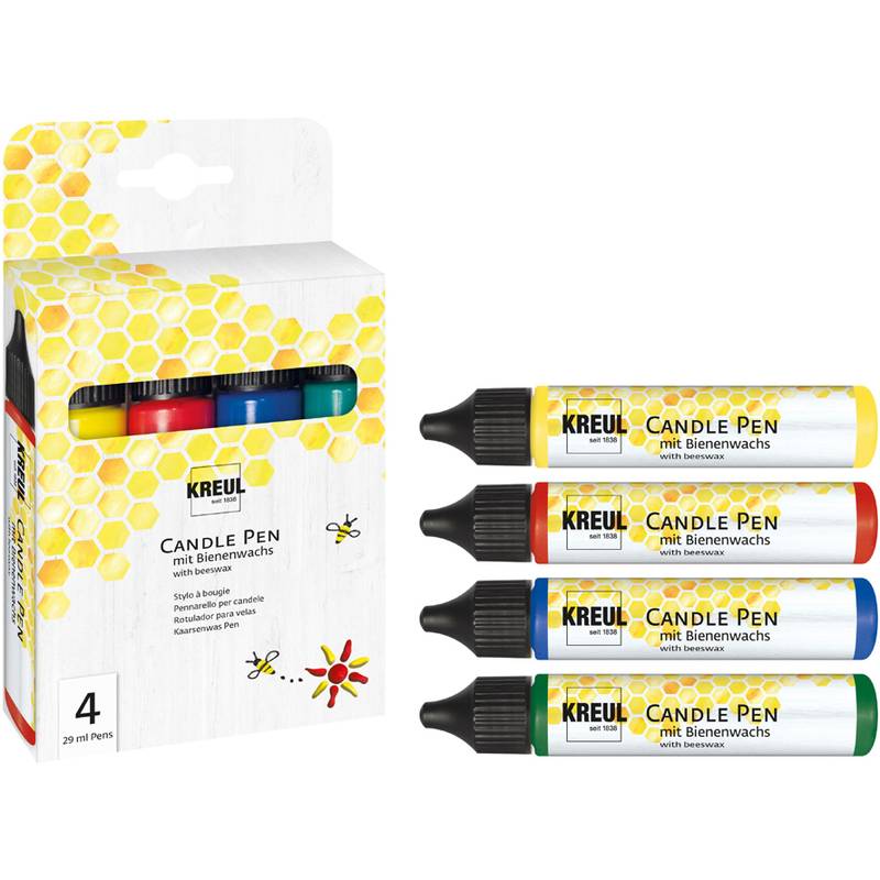 Der 'Kreul Candle Pen' Set enthält vier farbige Stifte: rot, blau, grün und gelb. Das Verpackungsdesign weist ein Wabenmuster und Bienen auf.