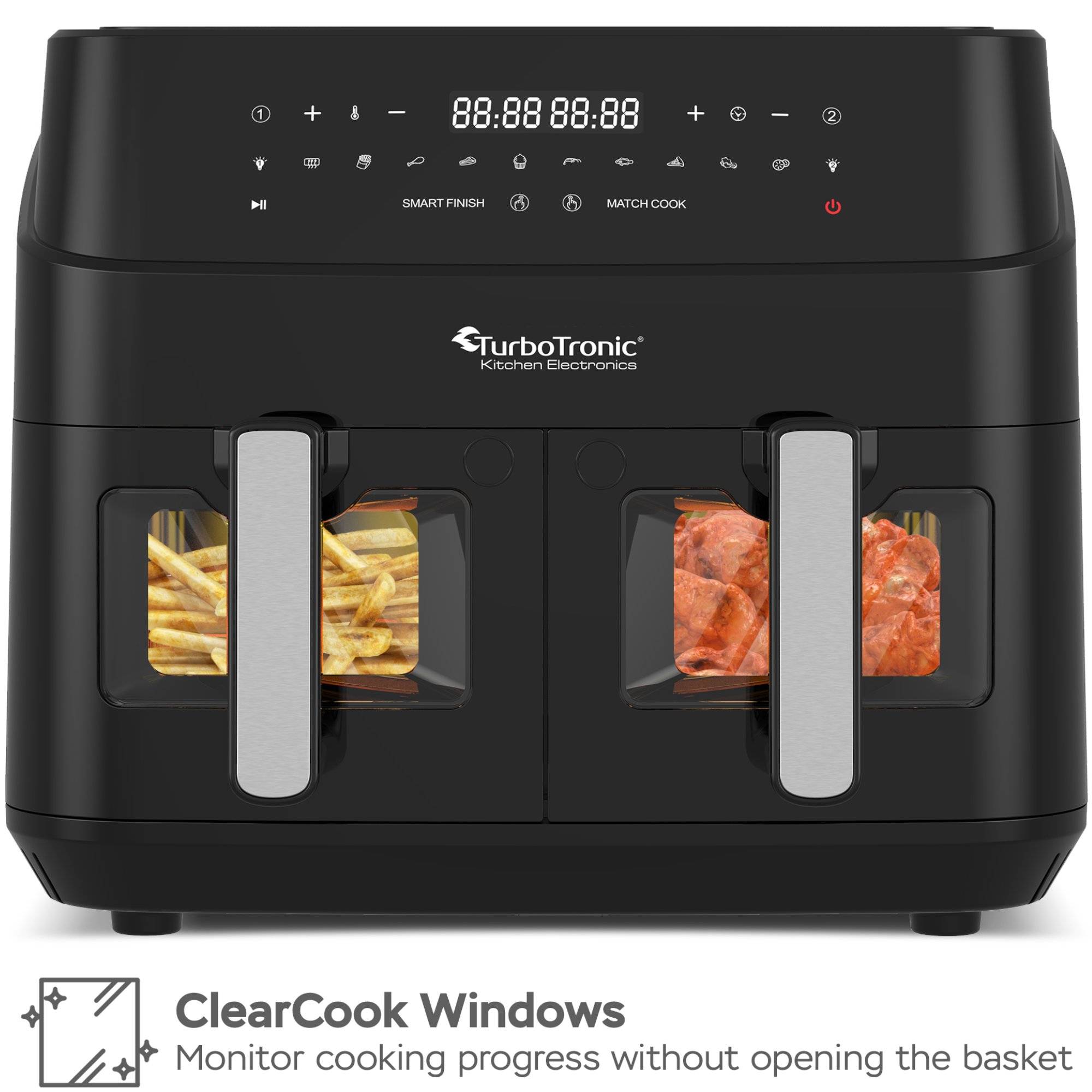 TurboTronic Heißluftfritteuse XXL doppel Airfryer 1600W / 9L (2x 4,5L Kammer) 10 Programme digitale Heißluft Fritteuse ohne Fett Öl Dual Luftfritte
