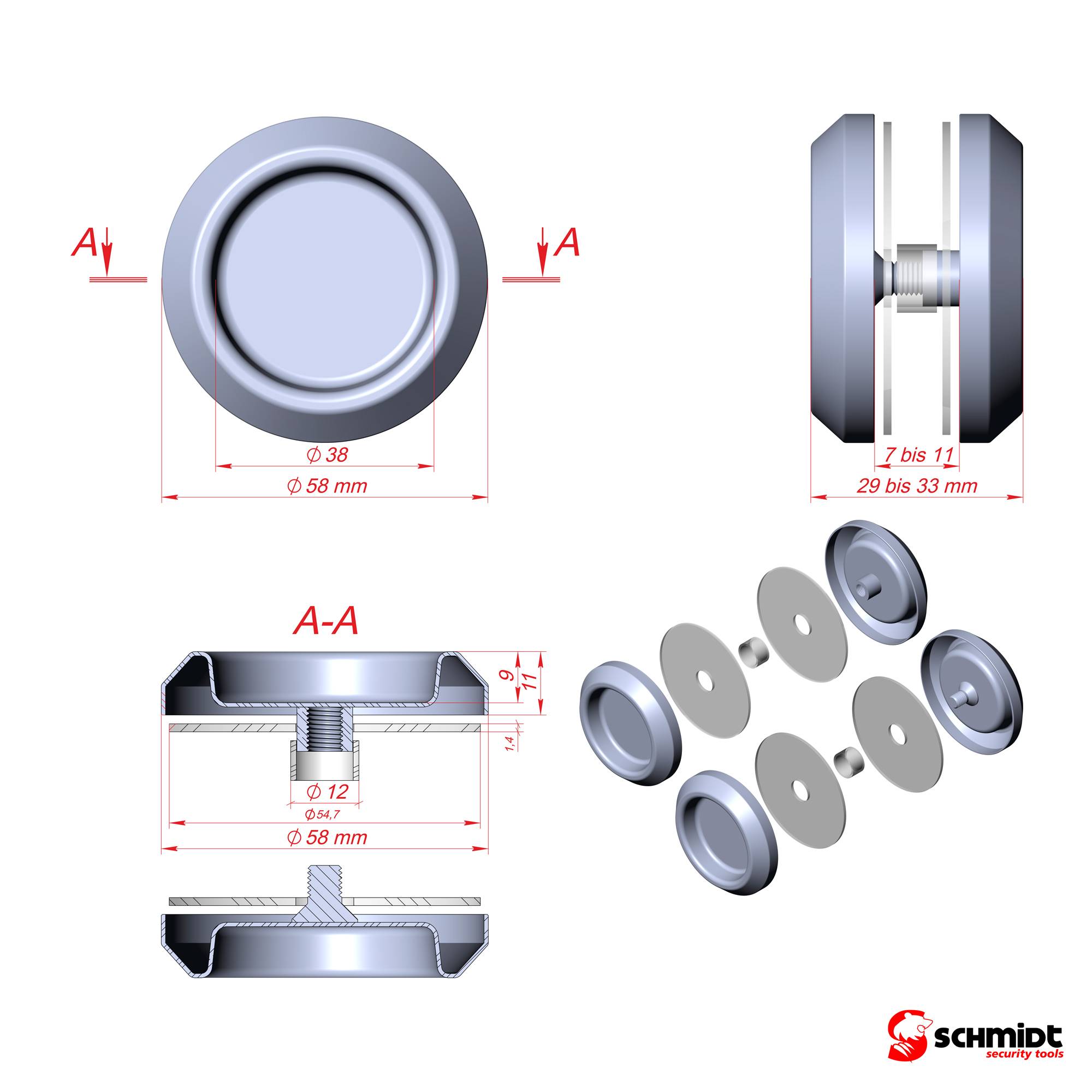 SCHMIDT security tools Muschelgriff A Edelstahl Silber Schiebetür-Griff Griffmulde Glastürgriff 58mm rund Türgriff Möbelgriff