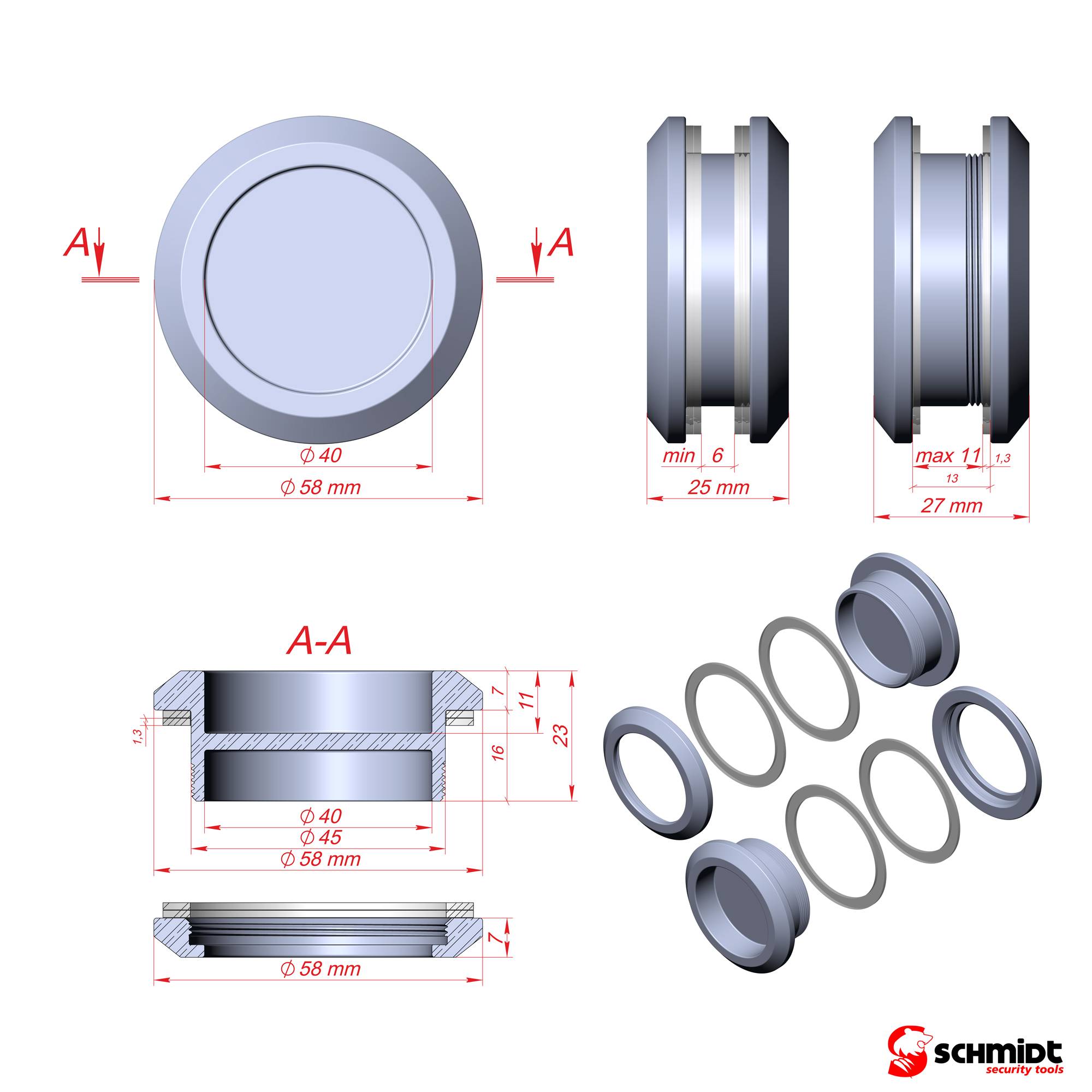 SCHMIDT security tools 10x Muschelgriff B Edelstahl Silber Schiebetür-Griff Griffmulde Glastürgriff 58mm rund Türgriff Möbelgriff
