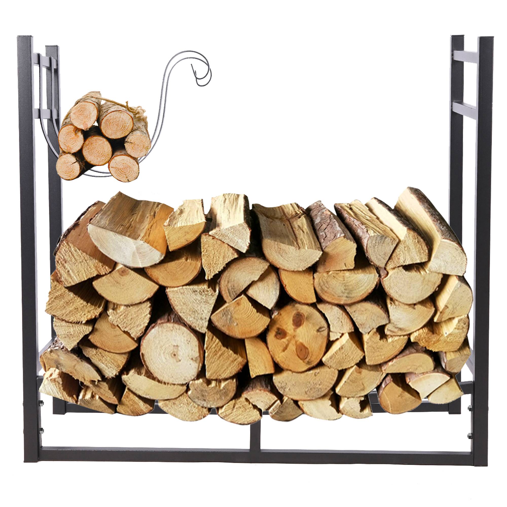 SCHMIDT security tools Kaminholzregal 83x33x75cm Schwarz Brennholzregal Holzstapelhilfe Holzunterstand Holz-Regal 2x extra Ablage-Haken