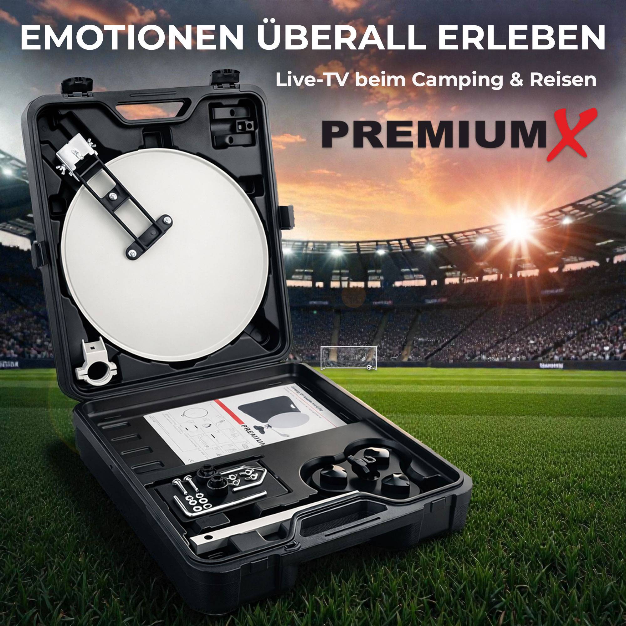 PremiumX mobile Camping SAT Anlage Satellitenschüssel TV Receiver Satelliten-Finder Single LNB 10m Kabel Koffer Camp Stativ