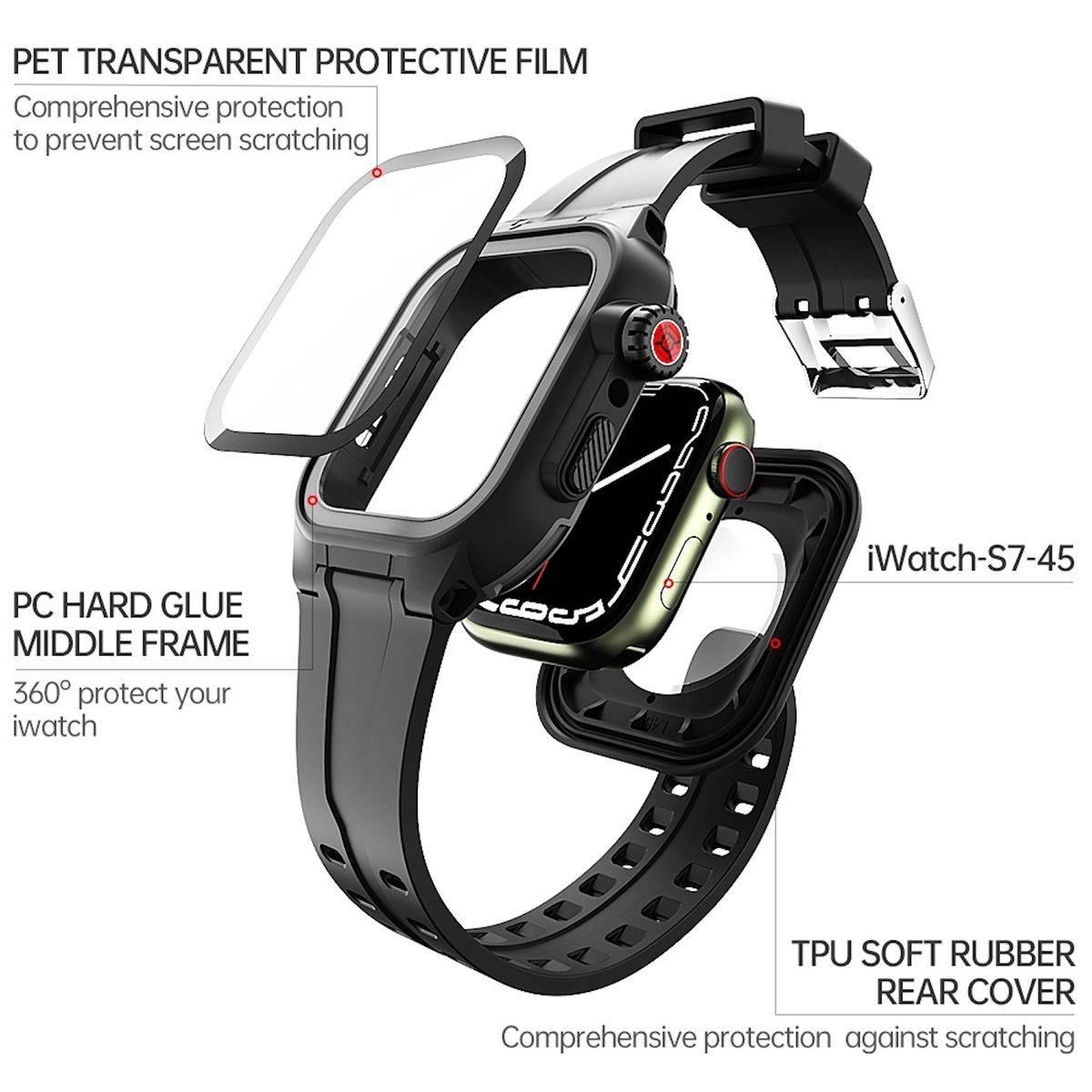 Für Apple Watch Serie 9 8 7 45mm TPU Silikon Hülle + Hart Glas + Band