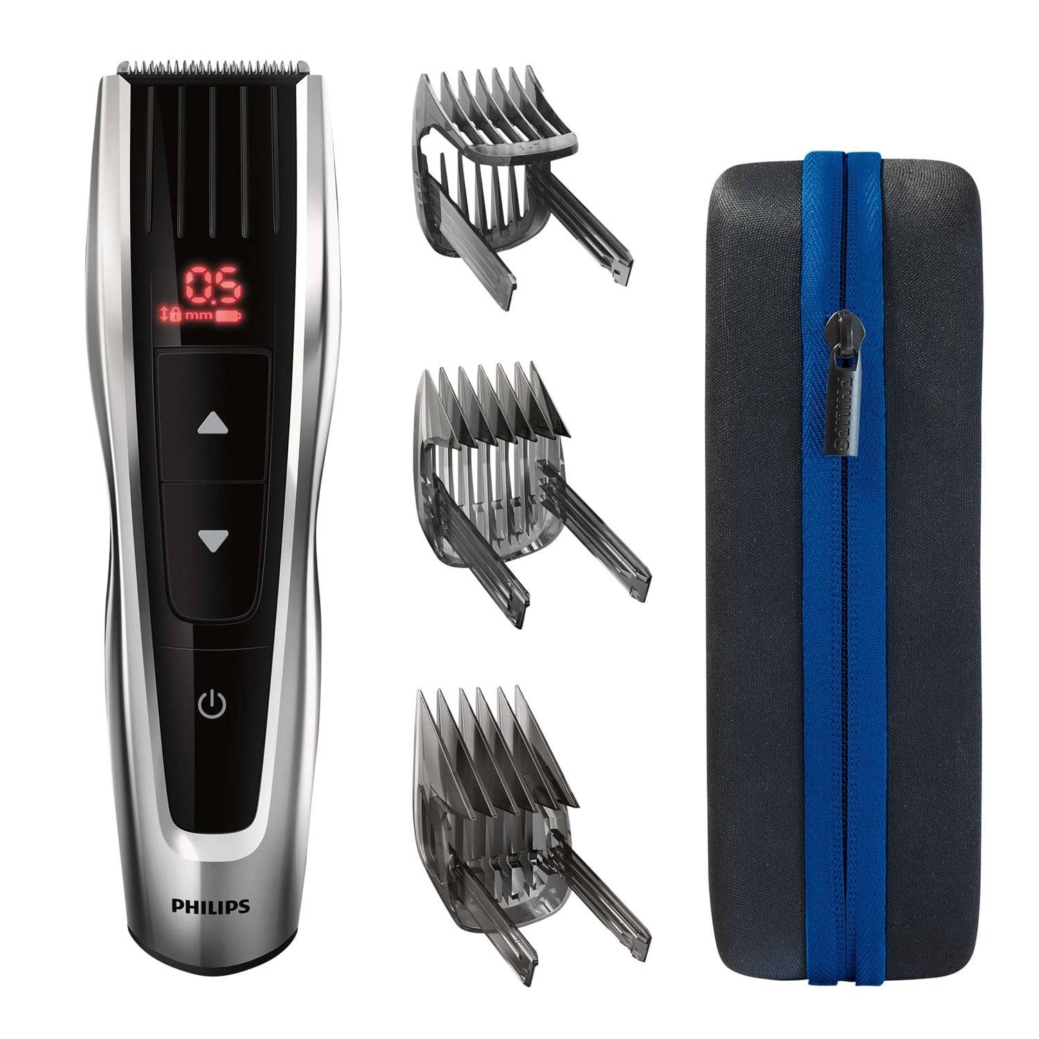 Philips Haarschneider mit digitaler Längsenanzeige, drei Kammaufsätzen und Tragetasche mit Reißverschluss auf weißem Hintergrund.