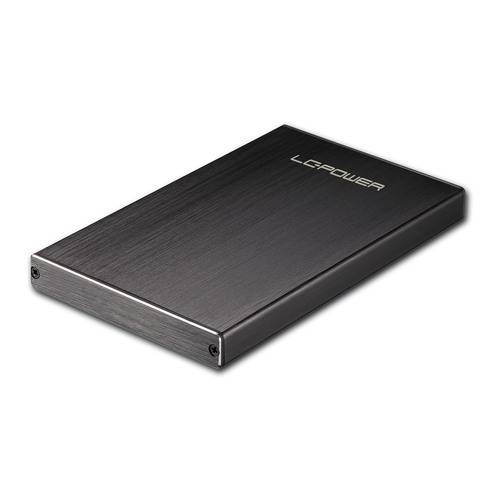 Ein elegantes, rechteckiges externes Festplattenlaufwerk mit gebürsteter Metalloberfläche und dem Logo 