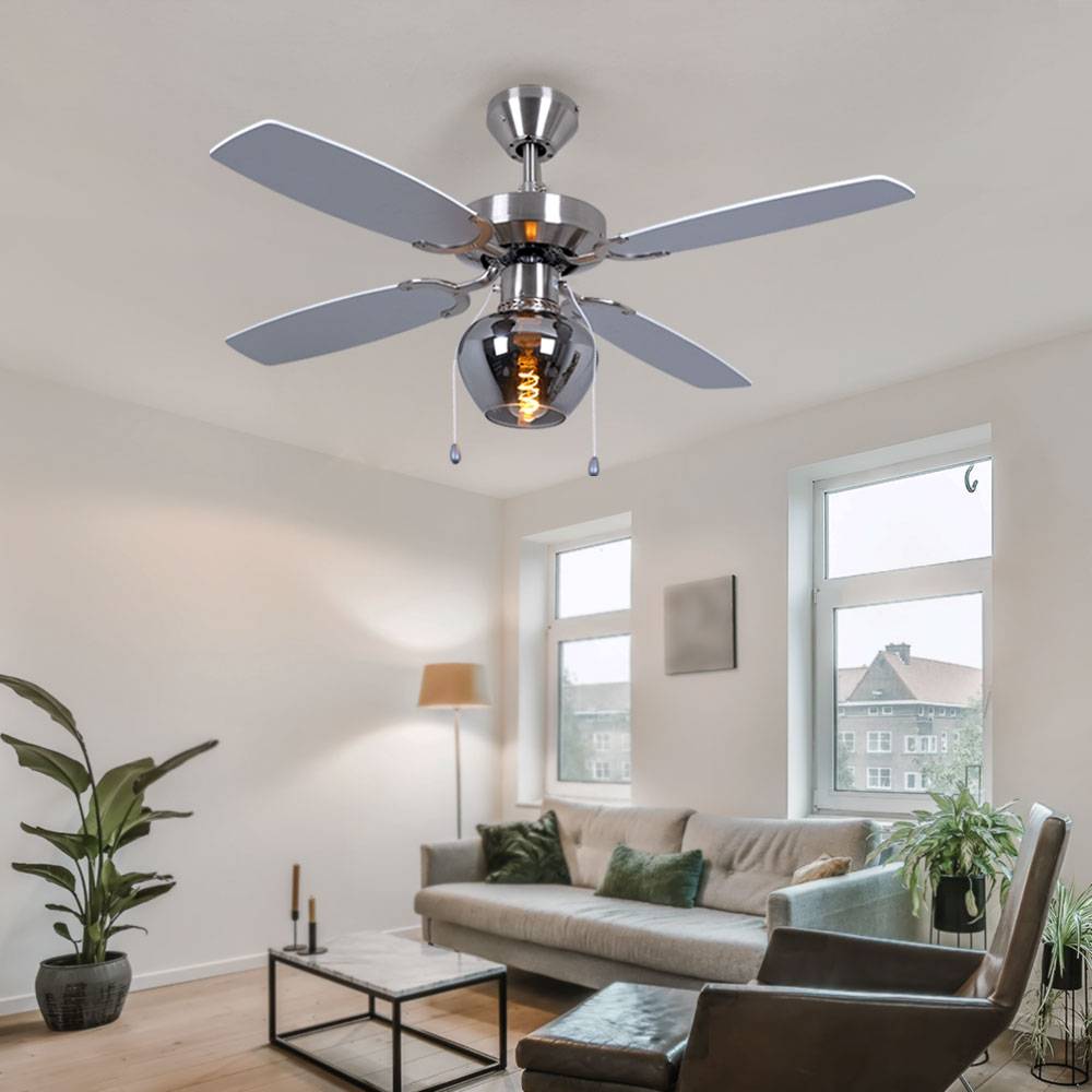 Deckenventilator Deckenleuchte Ventilator Wohnzimmerlampe Lüfter Glas rauchfarben, 3 Stufen Zugschalter, App Steuerung, Smart RGB LED 8,5W 806Lm