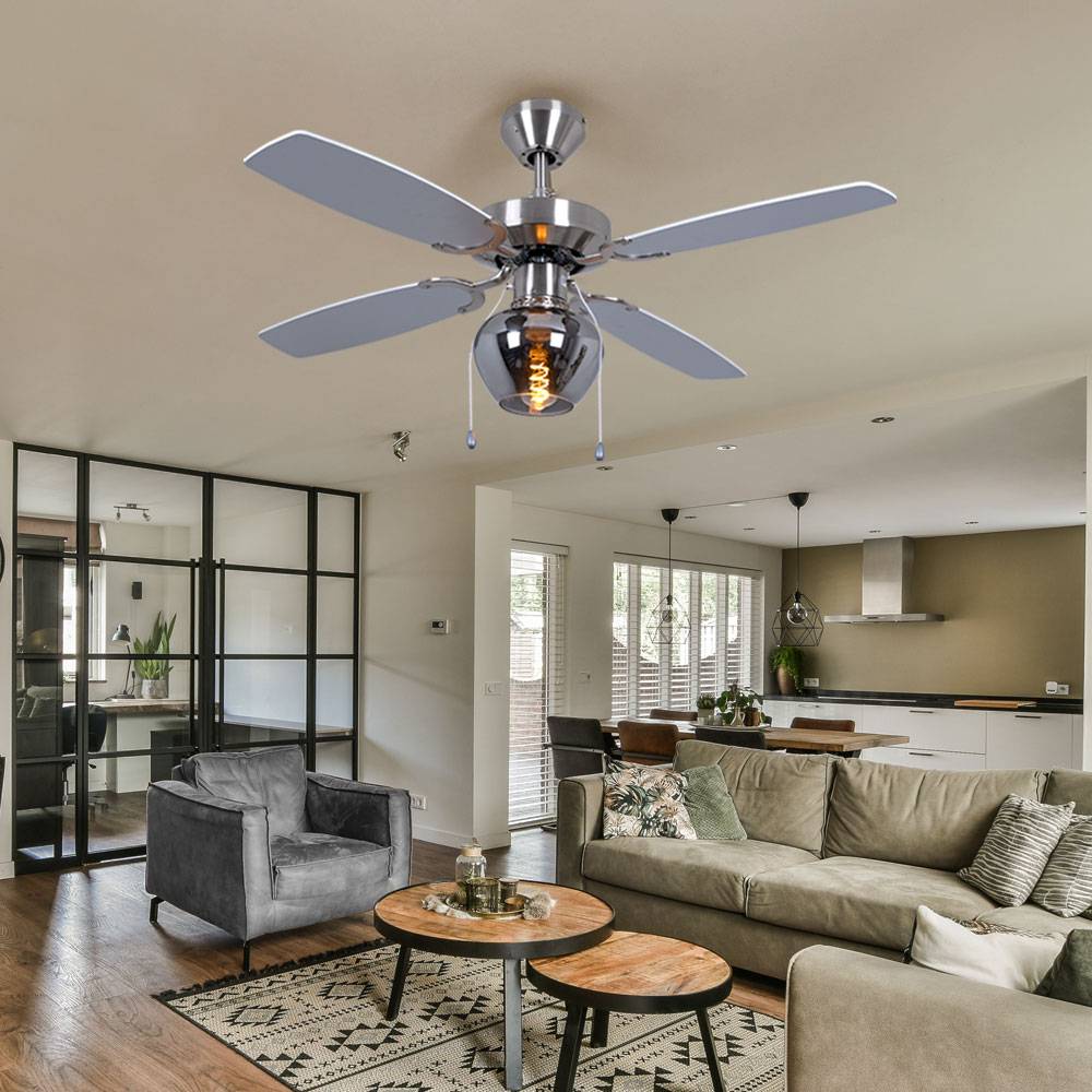 Deckenventilator Deckenleuchte Ventilator Wohnzimmerlampe Lüfter Glas rauchfarben, 3 Stufen Zugschalter, Fernbedienung, RGB LED 8,5W 806Lm warmweiß