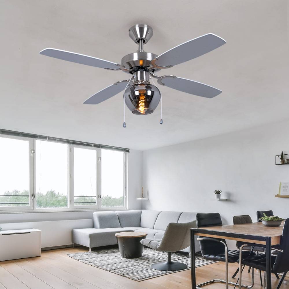 Deckenventilator Deckenleuchte Ventilator Wohnzimmerlampe Lüfter Glas rauchfarben, 3 Stufen Zugschalter, App Steuerung, Smart RGB LED 8,5W 806Lm