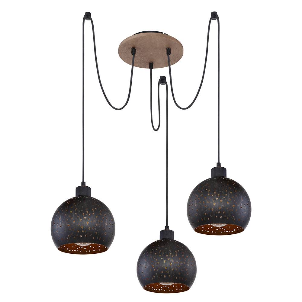 Hängelampe schwarz Hängelampe Esstisch Pendelleuchte 3 flammig, Holz dunkelbraun Metall goldfarben, 3x E27 Fassungen, DxH 20x225 cm