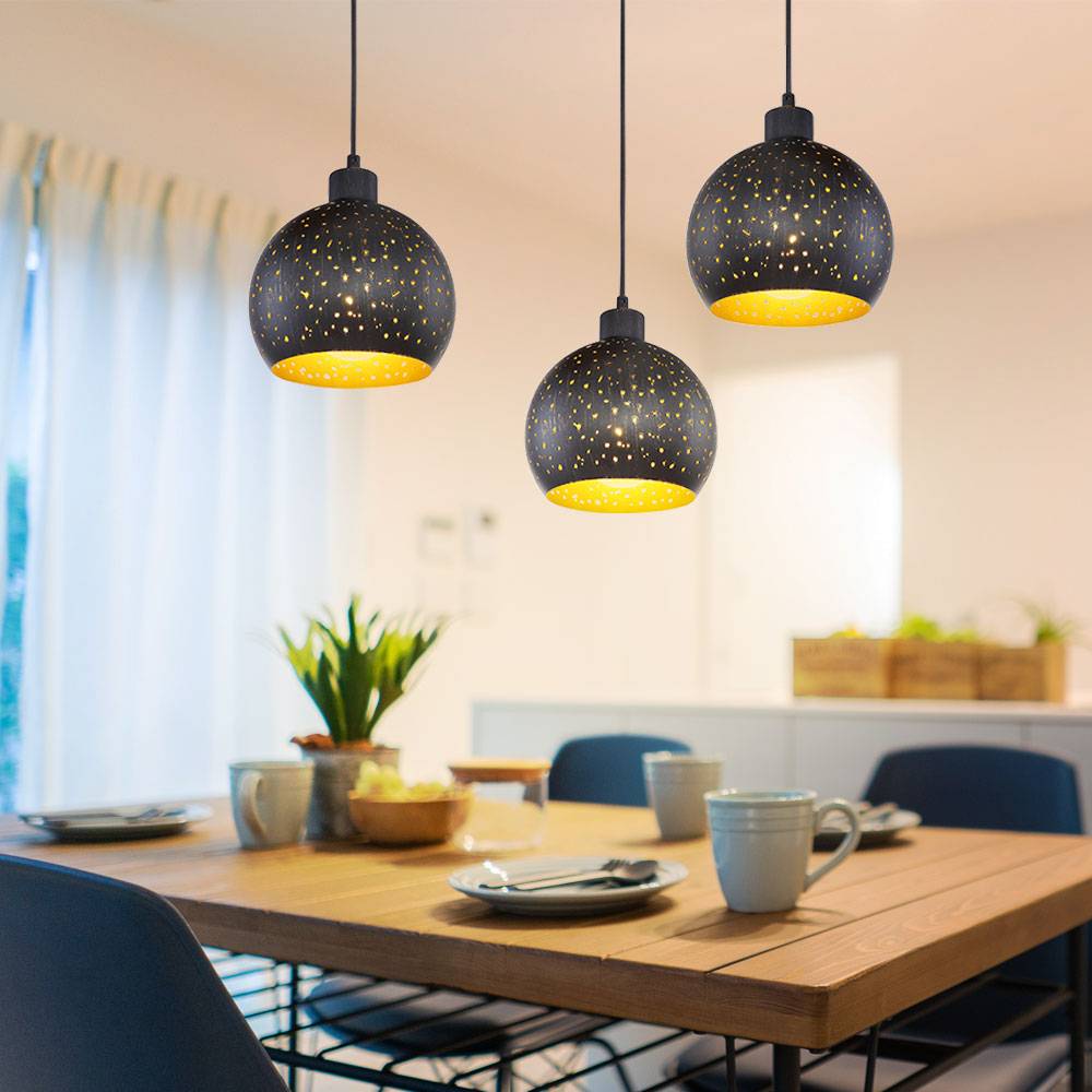 Hängelampe schwarz Hängelampe Esstisch Pendelleuchte 3 flammig, Holz dunkelbraun Metall goldfarben, 3x E27 Fassungen, DxH 20x225 cm
