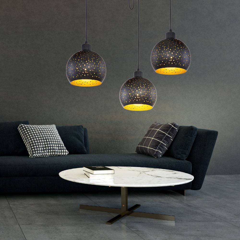 Hängelampe Esstisch Pendelleuchte 3 flammig schwarz, Holz dunkelbraun Metall goldfarben, 3x E27 Fassungen, DxH 20x225 cm