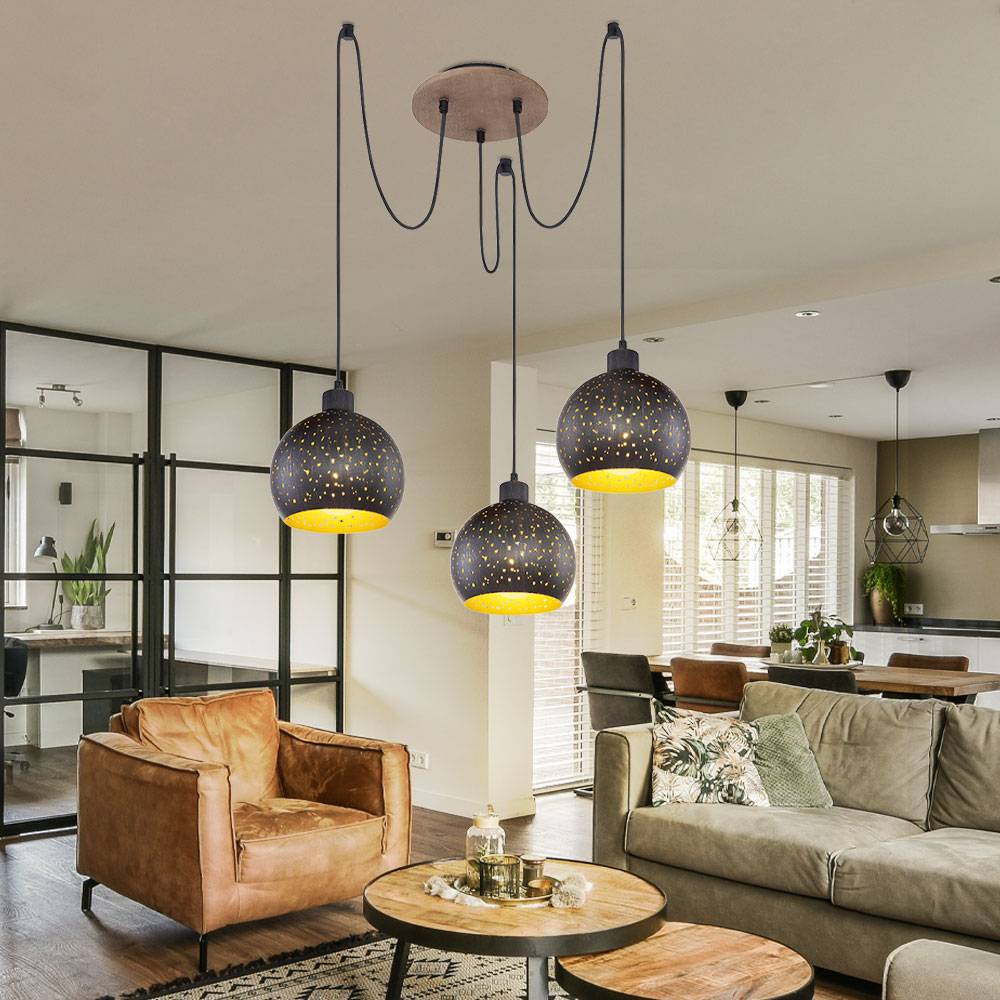 Hängelampe Esstisch Pendelleuchte 3 flammig schwarz, Holz dunkelbraun Metall goldfarben, 3x E27 Fassungen, DxH 20x225 cm