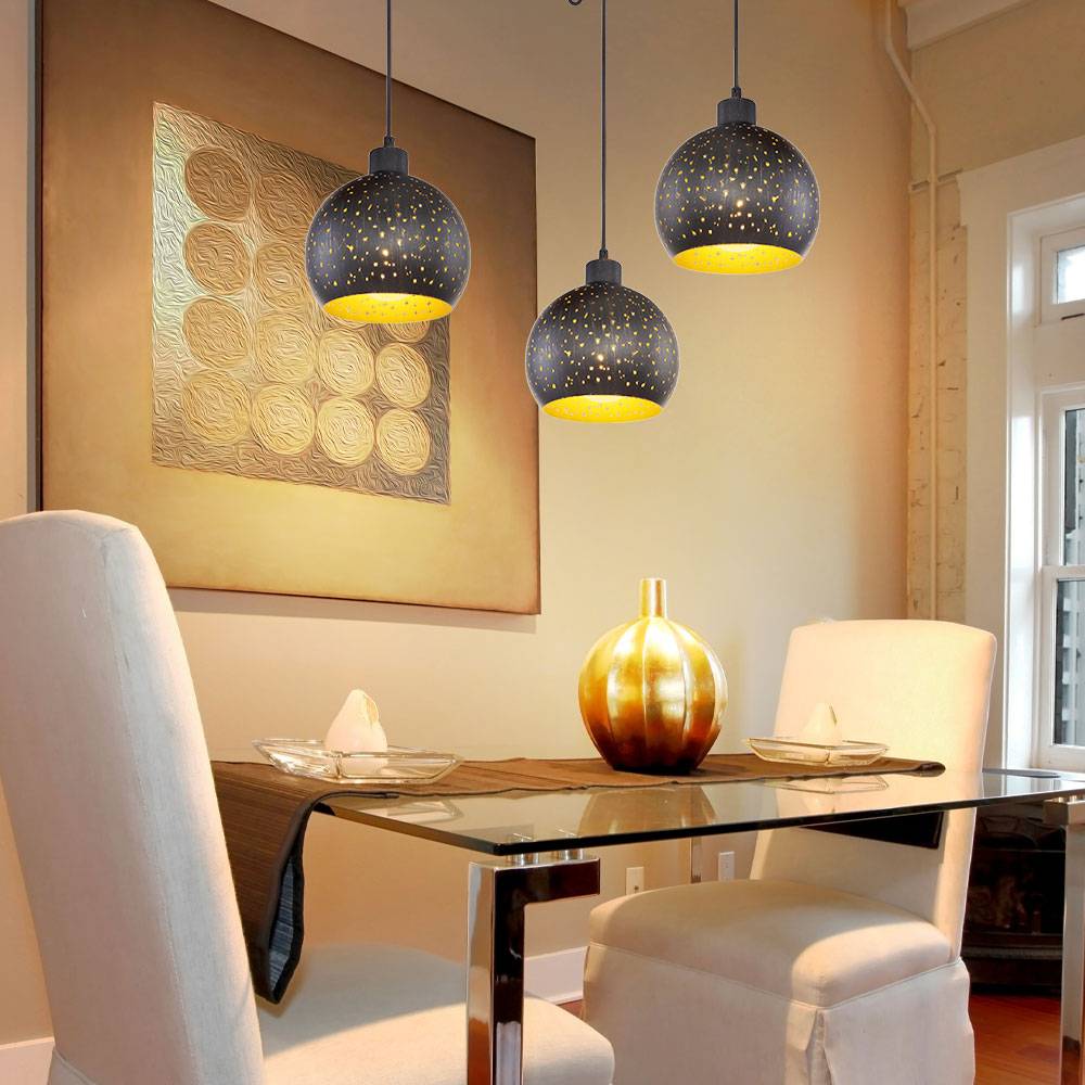 Hängelampe Esstisch Pendelleuchte 3 flammig schwarz, Holz dunkelbraun Metall goldfarben, 3x E27 Fassungen, DxH 20x225 cm