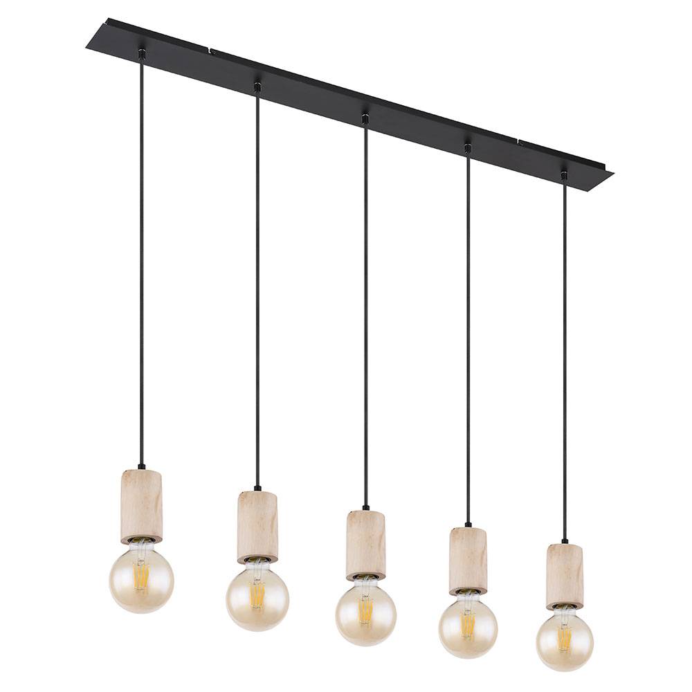 Hängelampe Holzlampe Deckenlampe Wohnzimmer schwarz Pendelleuchte 5 Flammig, Metall naturfarben, Fassungen 5x E27, LxBxH 115x10x120 cm
