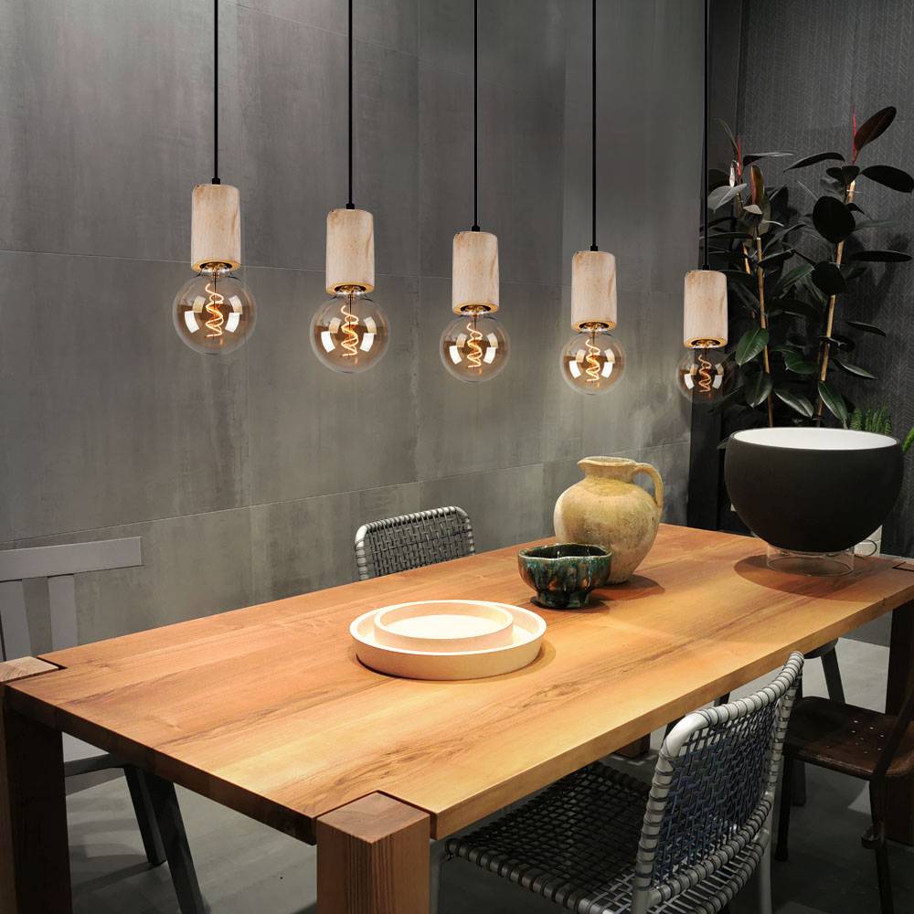 Hängelampe Holzlampe Deckenlampe Wohnzimmer schwarz Pendelleuchte 5 Flammig, Metall naturfarben, Fassungen 5x E27, LxBxH 115x10x120 cm