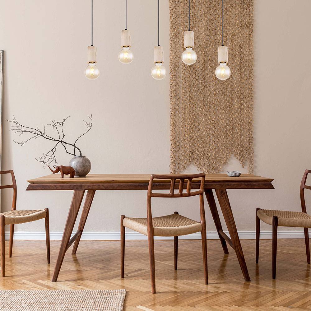 Hängelampe Holzlampe Deckenlampe Wohnzimmer schwarz Pendelleuchte 5 Flammig, Metall naturfarben, Fassungen 5x E27, LxBxH 115x10x120 cm