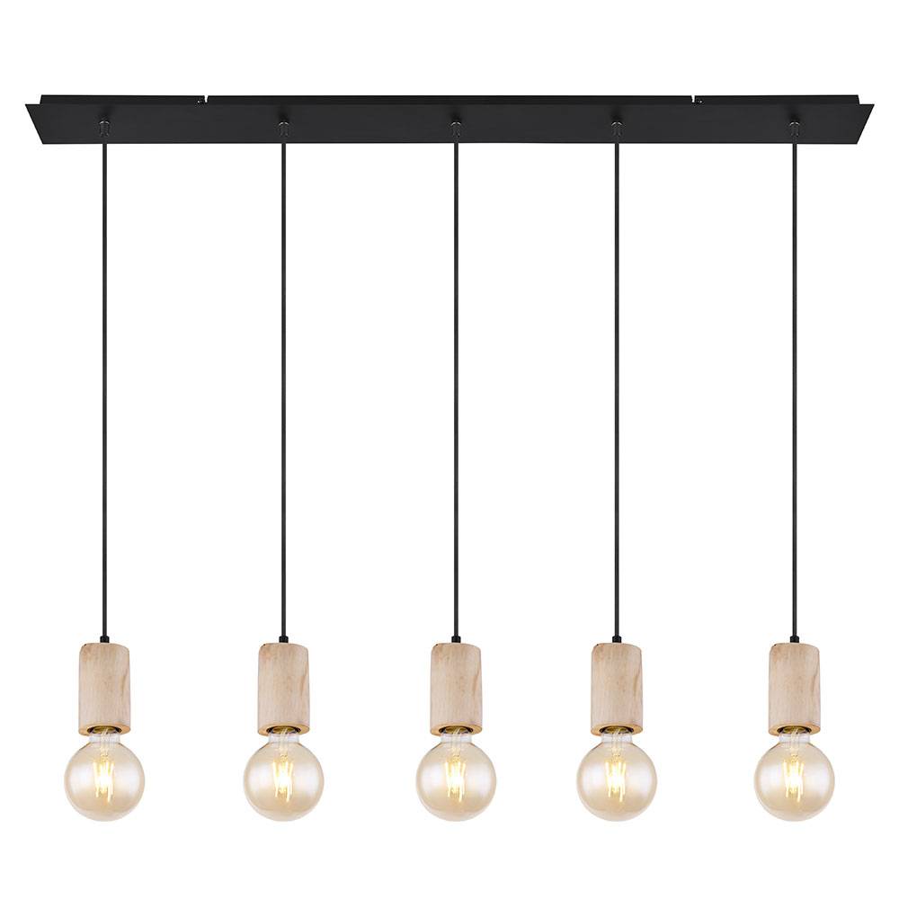 Hängelampe Holzlampe Deckenlampe Wohnzimmer schwarz Pendelleuchte 5 Flammig, Metall naturfarben, Fassungen 5x E27, LxBxH 115x10x120 cm