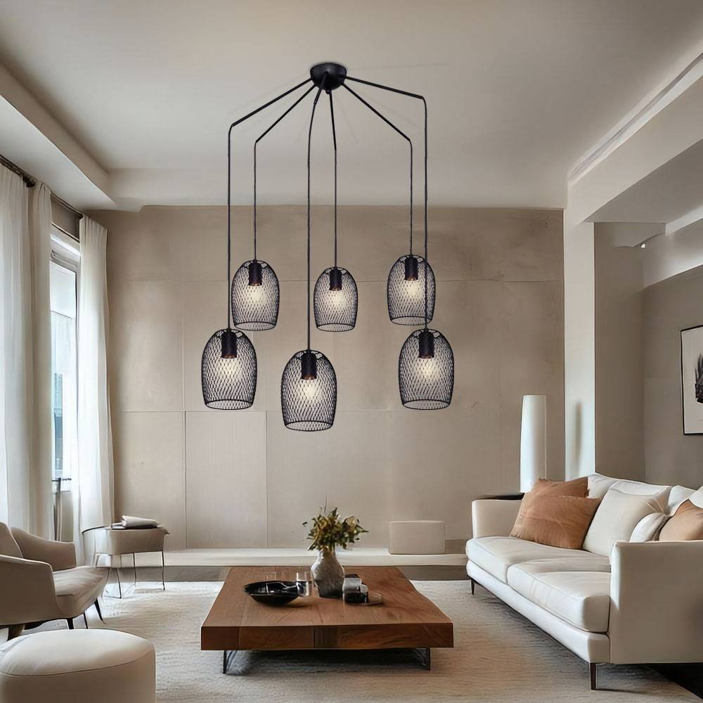 Pendelleuchte 6 flammig Esstischleuchte Retro Hängelampe Wohnzimmer Industriell, Metall schwarz, 6x E27 Fassungen, DxH 75x150 cm