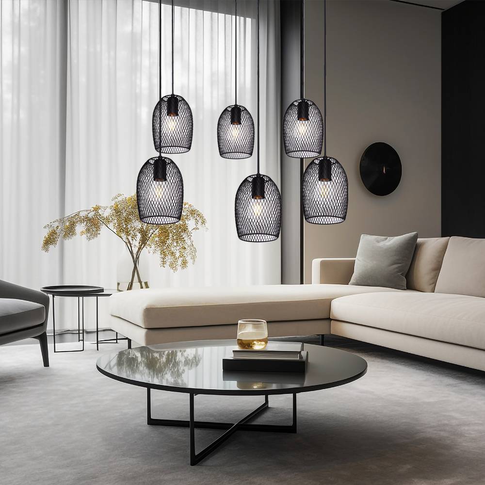 Pendelleuchte 6 flammig Esstischleuchte Retro Hängelampe Wohnzimmer Industriell, Metall schwarz, 6x E27 Fassungen, DxH 75x150 cm