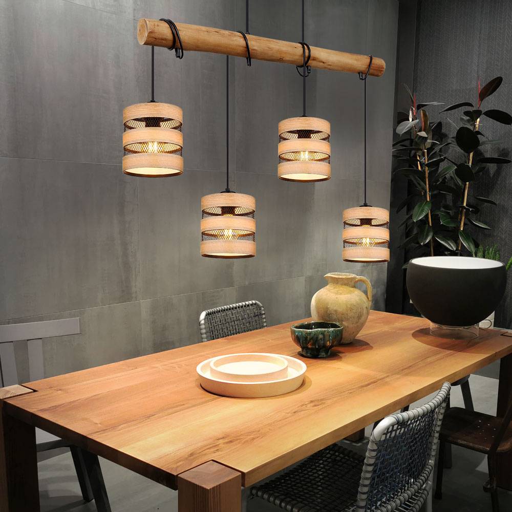 Hängeleuchte Esszimmerleuchte hängend Pendellampe Holzoptik Gitter schwarz Pendelleuchte rund 4 Flammig, Metall MDF, Fassung 4x E27, LxBxH 85x15x120