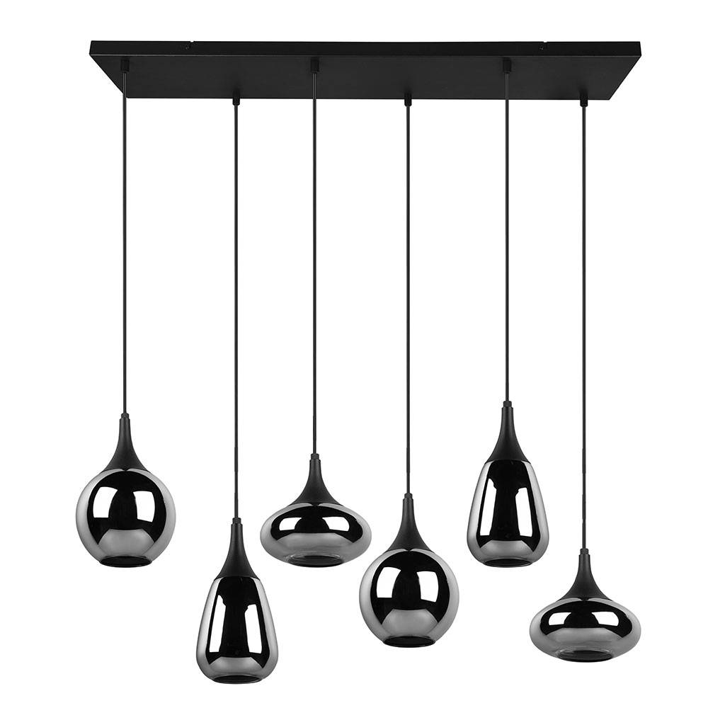 Hängeleuchte Esszimmer Pendelleuchte Glas 6 flammig Esstischlampe schwarz Glas chrom bedampft, unterschiedliche Lampenschirme, 6x E14, LxH 93x150 cm