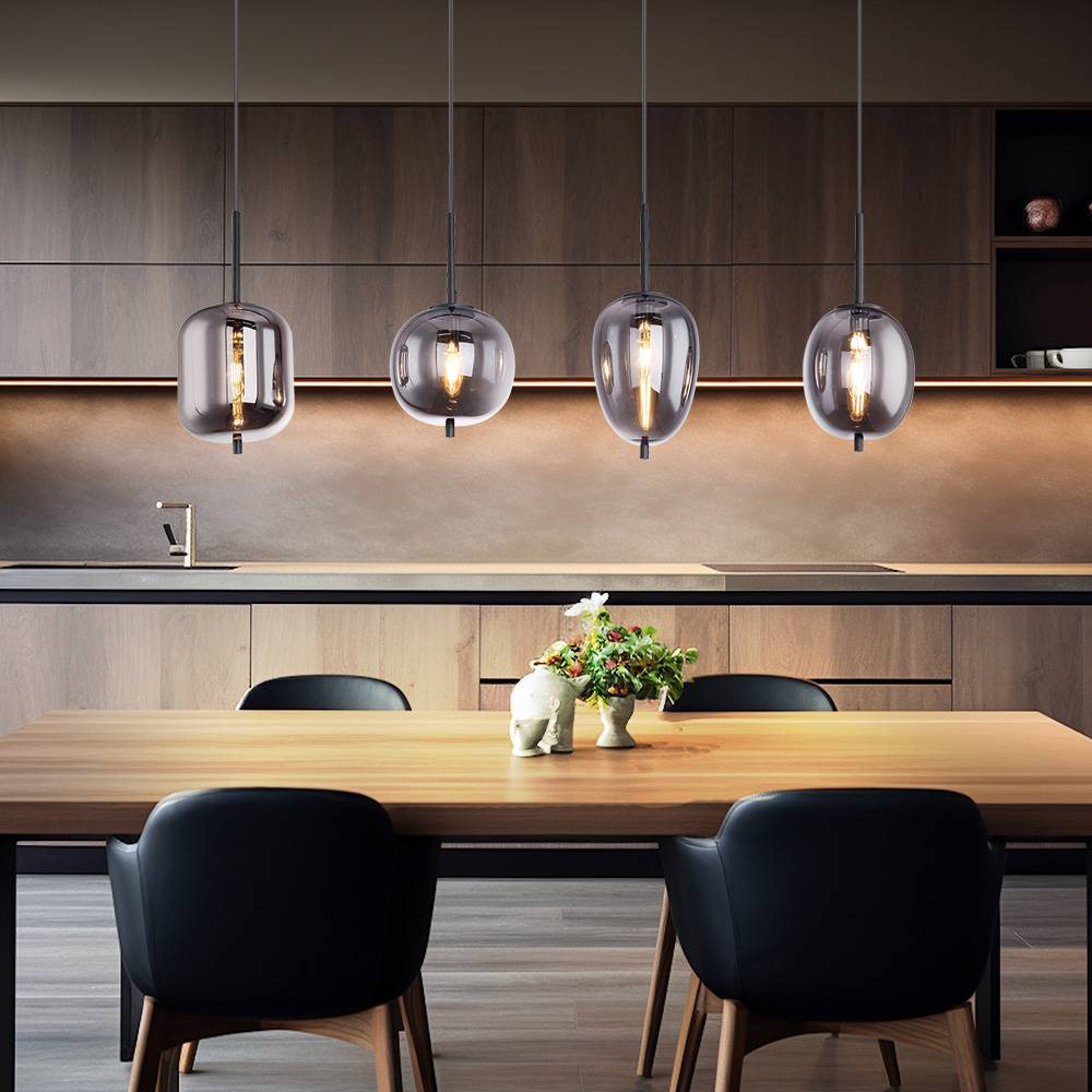 Hängeleuchte Esszimmerlampe Wohnzimmer Pendelleuchte Lampe, 4 flammig, Metall Glas rauchfarben, 4x E14 Fassungen, LxH 120x100 cm