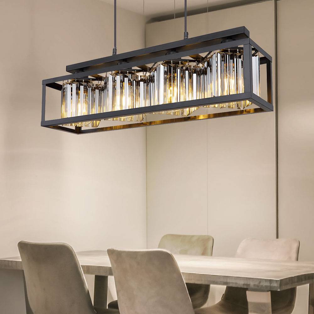 Kristall Pendelleuchte Hängelampe Wohnzimmer modern Hängeleuchte Esstisch schwarz 4 flammig, Metall Glas, 4x E27 Fassungen, LxH 68 x 120 cm