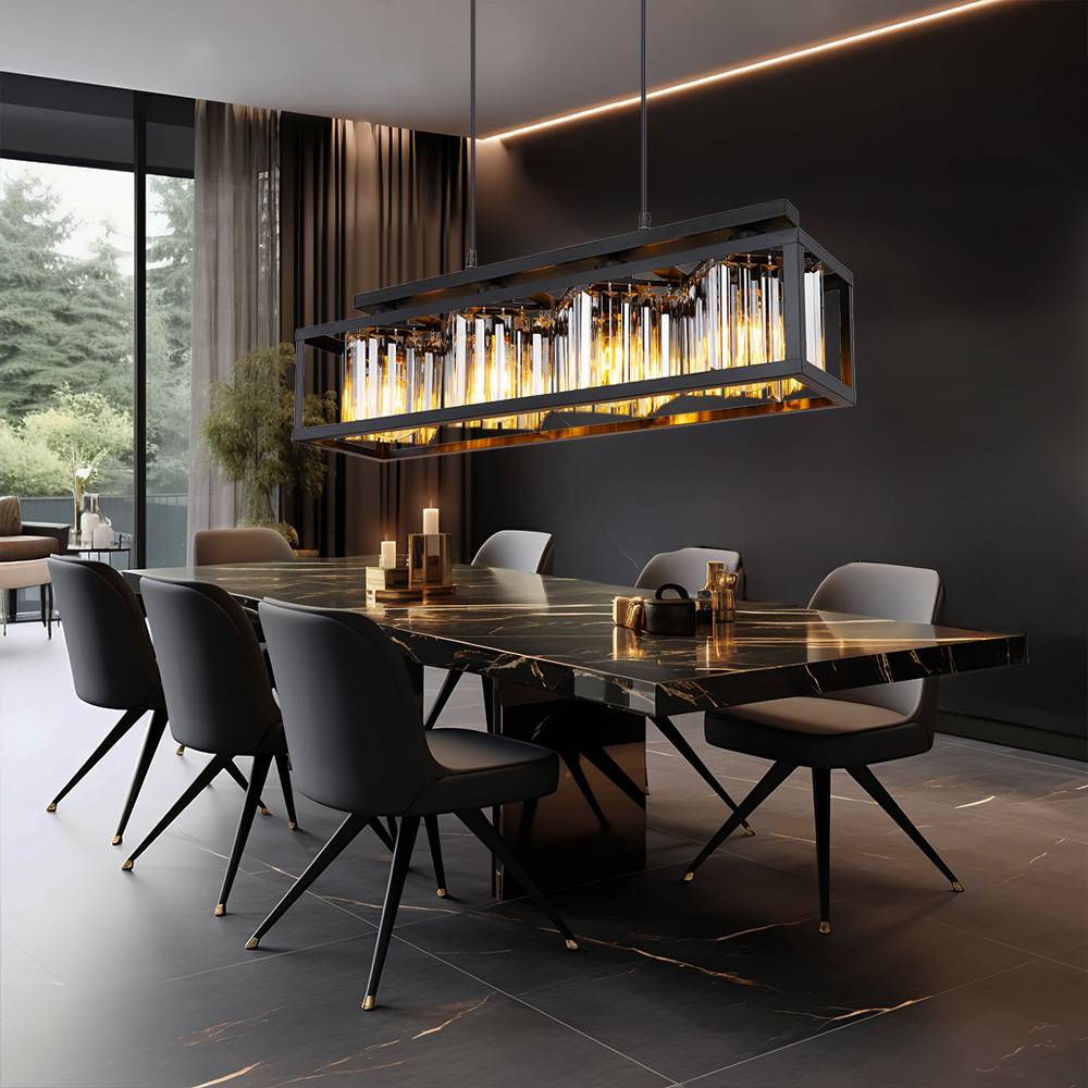 Pendelleuchte Hängelampe Kristall Wohnzimmer modern Hängeleuchte Esstisch schwarz 4 flammig, Metall Glas, 4x E27 Fassungen, LxH 68 x 120 cm