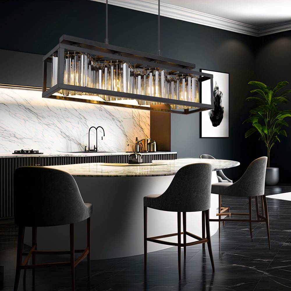 Pendelleuchte Hängelampe Kristall Wohnzimmer modern Hängeleuchte Esstisch schwarz 4 flammig, Metall Glas, 4x E27 Fassungen, LxH 68 x 120 cm