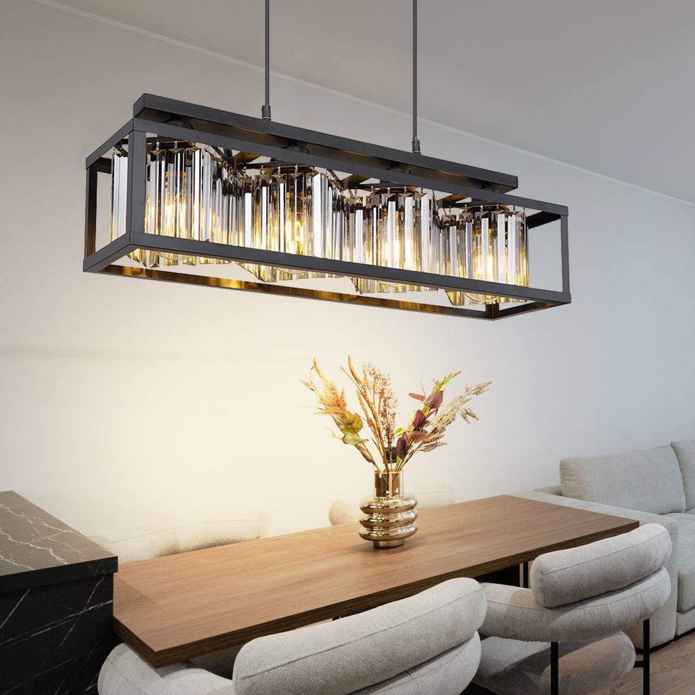 Pendelleuchte Hängelampe Kristall Wohnzimmer modern Hängeleuchte Esstisch schwarz 4 flammig, Metall Glas, 4x E27 Fassungen, LxH 68 x 120 cm