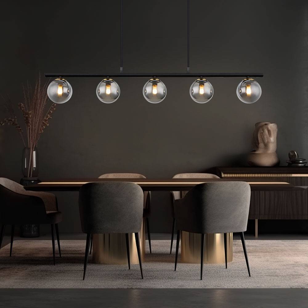 Hängelampe Pendelleuchte Esszimmerlampe, 5-flammig, Glas Kugel, Höhenverstellbar, Metall Rauchglas, schwarz, 5x G9 Fassungen, LxBxH 90x10x120 cm