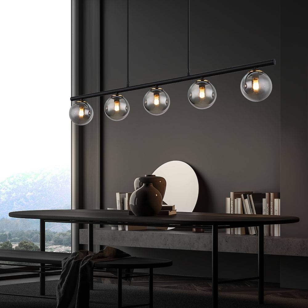 Hängelampe Pendelleuchte Esszimmerlampe, 5-flammig, Glas Kugel, Höhenverstellbar, Metall Rauchglas, schwarz, 5x G9 Fassungen, LxBxH 90x10x120 cm