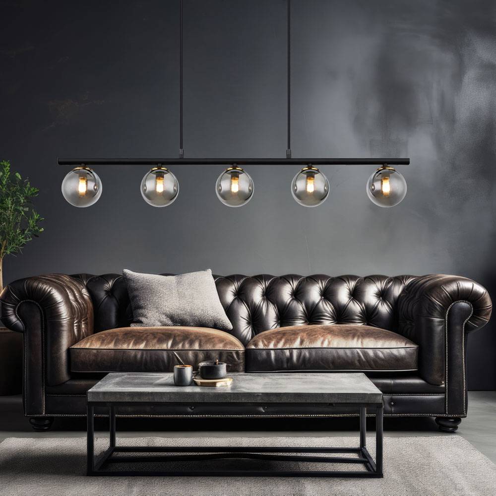 Hängelampe Pendelleuchte Esszimmerlampe, 5-flammig, Glas Kugel, Höhenverstellbar, Metall Rauchglas, schwarz, 5x G9 Fassungen, LxBxH 90x10x120 cm