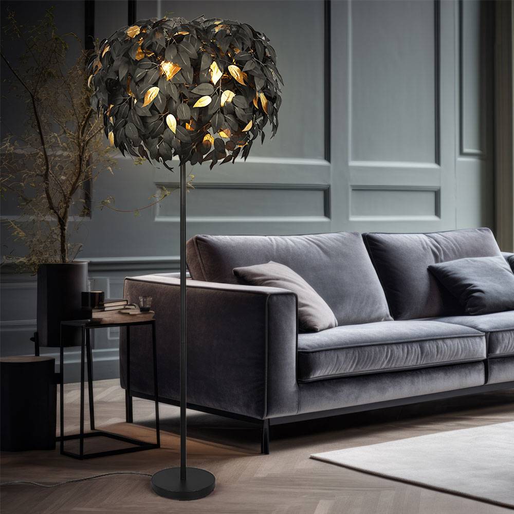 Stehleuchte Stehllampe Wohnzimmerleuchte, 3-flammig, Beistellleuchte im Blätterdesign, Fußschalter, Metall, schwarz gold, 3x E14 Fassung, DxH 70x180