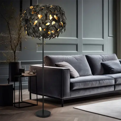 Stehleuchte Stehllampe Wohnzimmerleuchte, 3-flammig, Blätterdesign, Fußschalter, Fernbedienung dimmbar, Metall, schwarz gold, 3x RGB LED 4,8W 470Lm Stehleuchte Stehllampe Wohnzimmerleuchte, 3-flammig, Blätterdesign, Fußschalter, Fernbedienung dimmbar, Metall, schwarz gold, 3x RGB LED 4,8W 470Lm