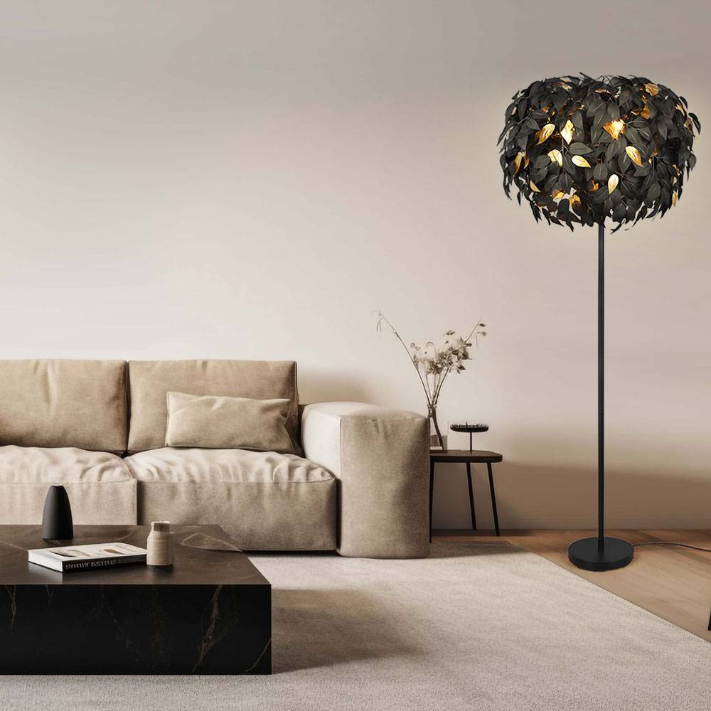 Stehleuchte Stehllampe Wohnzimmerleuchte, 3-flammig, Blätterdesign, Fußschalter, Fernbedienung dimmbar, Metall, schwarz gold, 3x RGB LED 4,8W 470Lm