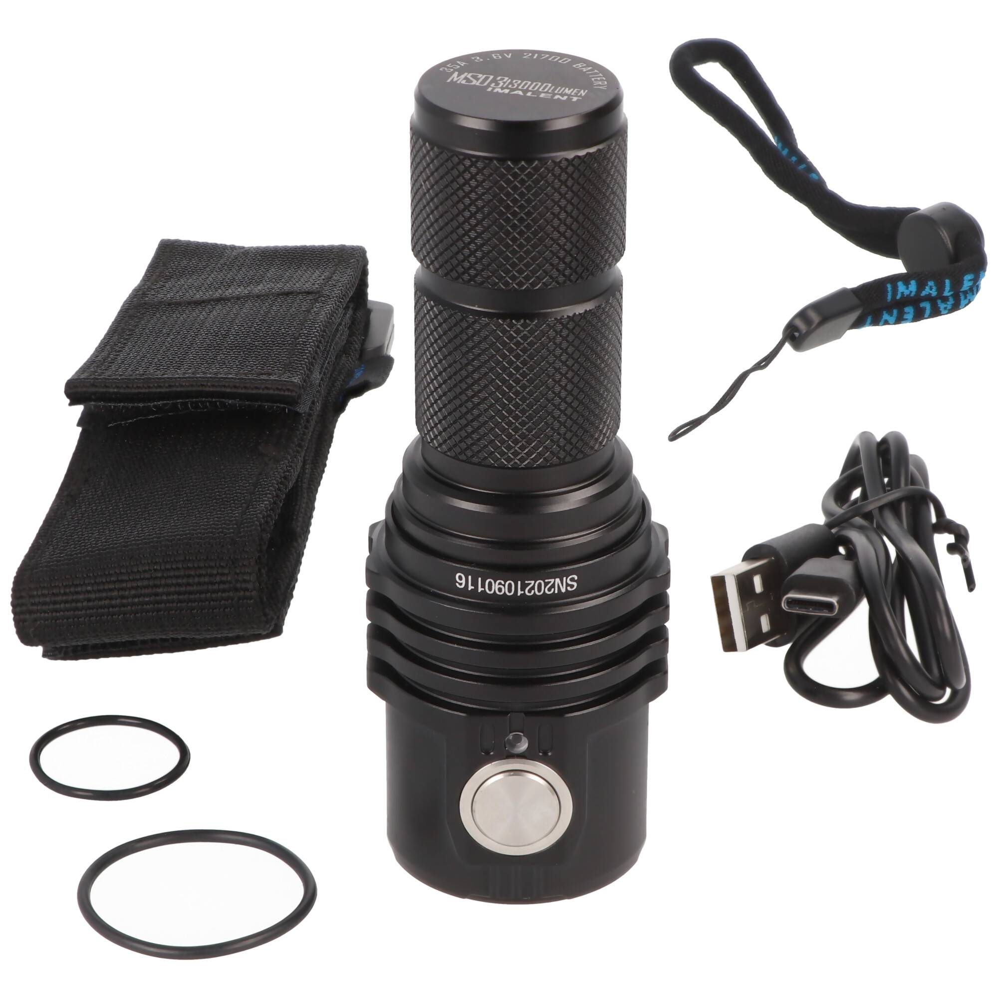 LED-Taschenlampe Imalent MS03 mit max. 13000 Lumen, Leuchtweite bis zu 324 Meter, mit Akku, warmweiß