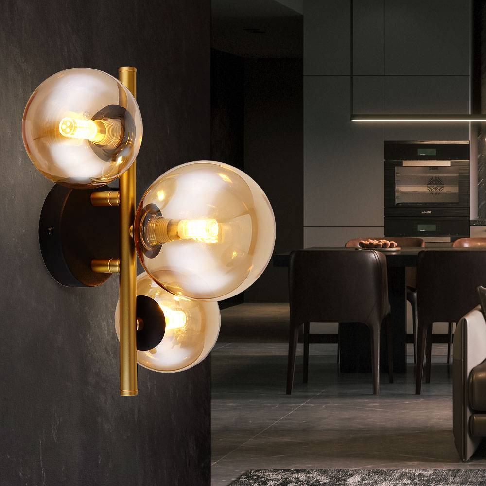 Wandlampe Design schwarz messing Kugellampe Glas LED Wandleuchte Innen, Glaskugel amber, 3 flammig G9, 3x 3,5W 350 lm, 3000K, LxBxH 28x21x19 cm