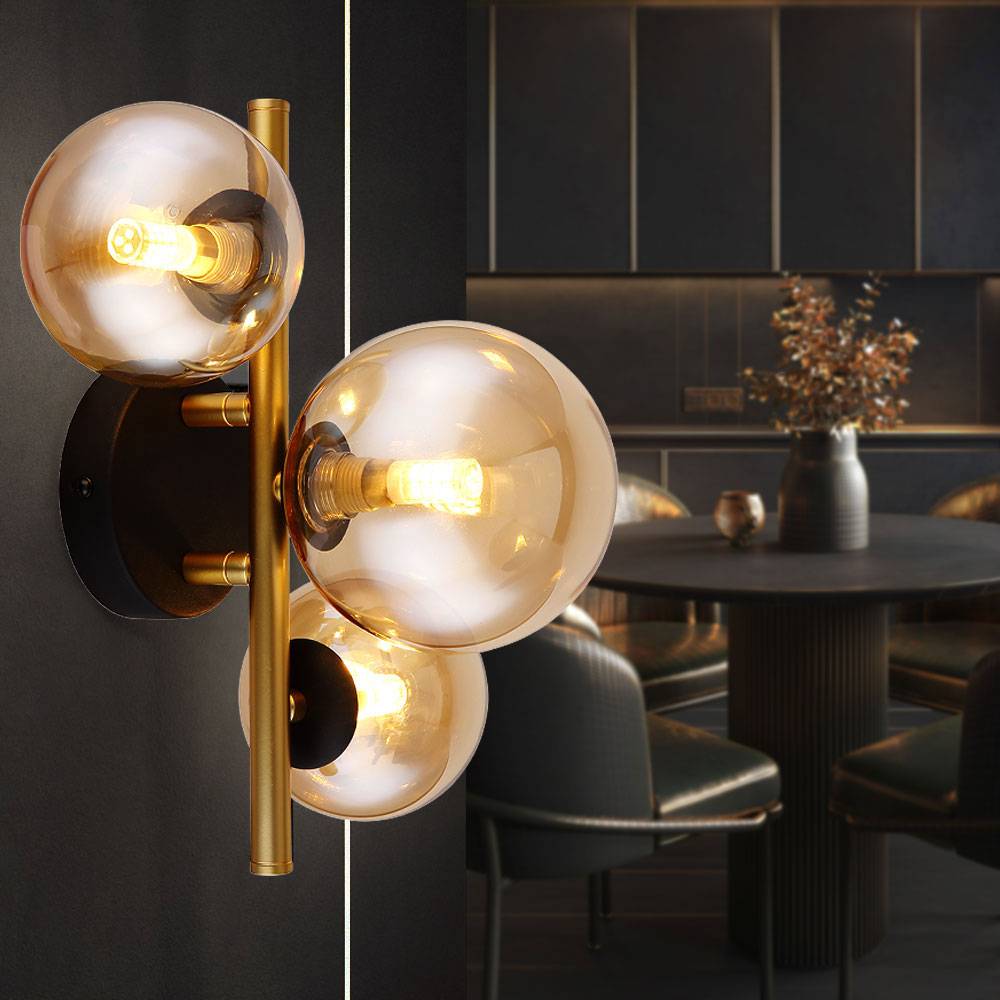 Wandlampe Design schwarz messing Kugellampe Glas LED Wandleuchte Innen, Glaskugel amber, 3 flammig G9, 3x 3,5W 350 lm, 3000K, LxBxH 28x21x19 cm