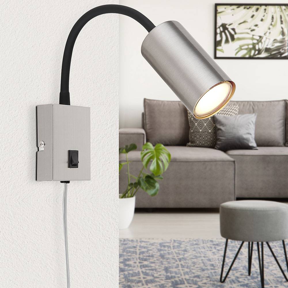 Wandlampe Leselampe Schreibtischlampe GU10 Wandleuchte Schlafzimmer, Flexo Arm, Metall Nickel matt schwarz, 1x GU10 Fassung, HxBxÜ 44x7x32cm