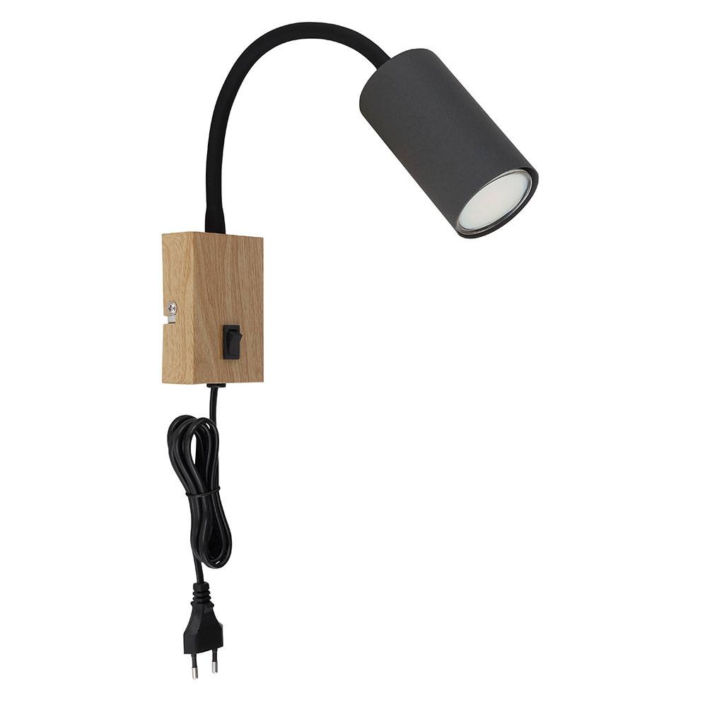 Wand- Leselampe für Schlafzimmer Leselampe Holzoptik Wandleuchte mit Stecker Wandlampe Schwanenhals, Schalter, schwarz braun, 1x GU10, LxBxH 32x7x44