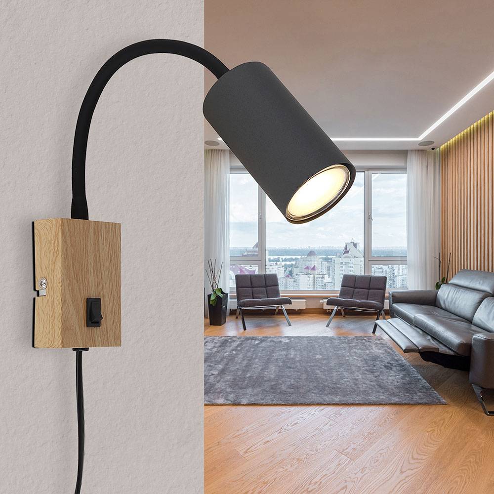 Wand- Leselampe für Schlafzimmer Leselampe Holzoptik Wandleuchte mit Stecker Wandlampe Schwanenhals, Schalter, schwarz braun, 1x GU10, LxBxH 32x7x44