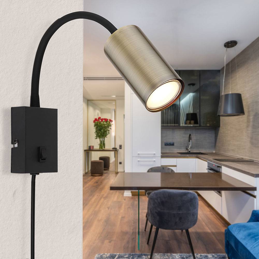 Wandleuchte Lampe Schlafzimmerlampe Schreibtischleuchte Wandlampe mit Stecker Leselampe, Metall Kunststoff, flexibel einstellbar, 1x GU10, LxBxH