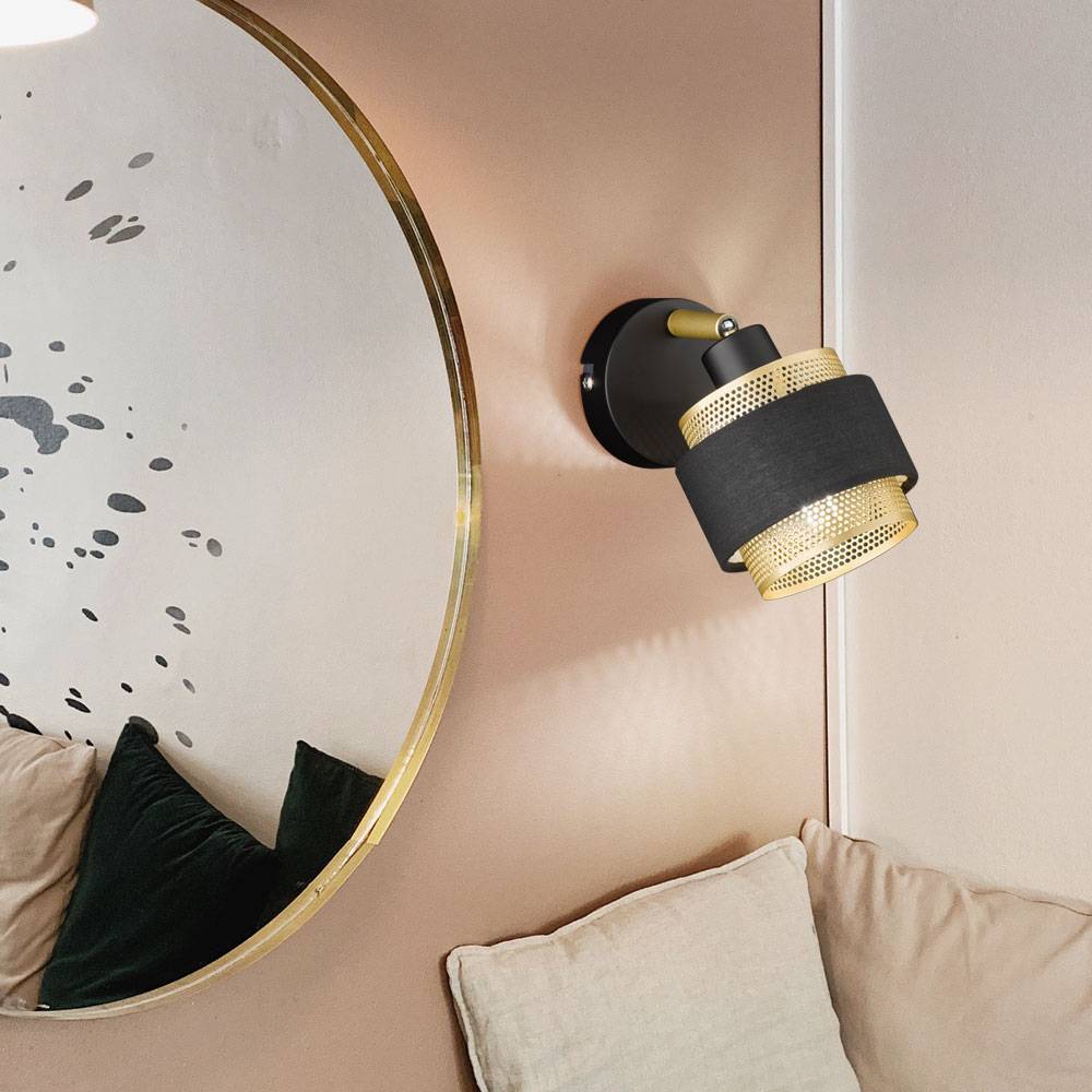 Wandleuchte Wohnzimmerlampe Flurleuchte Wandlampe mit beweglichem Spot, Metall Holz Textil, 1x E14 Fassung, LxBxH 10x13,5x17 cm, 2er Set