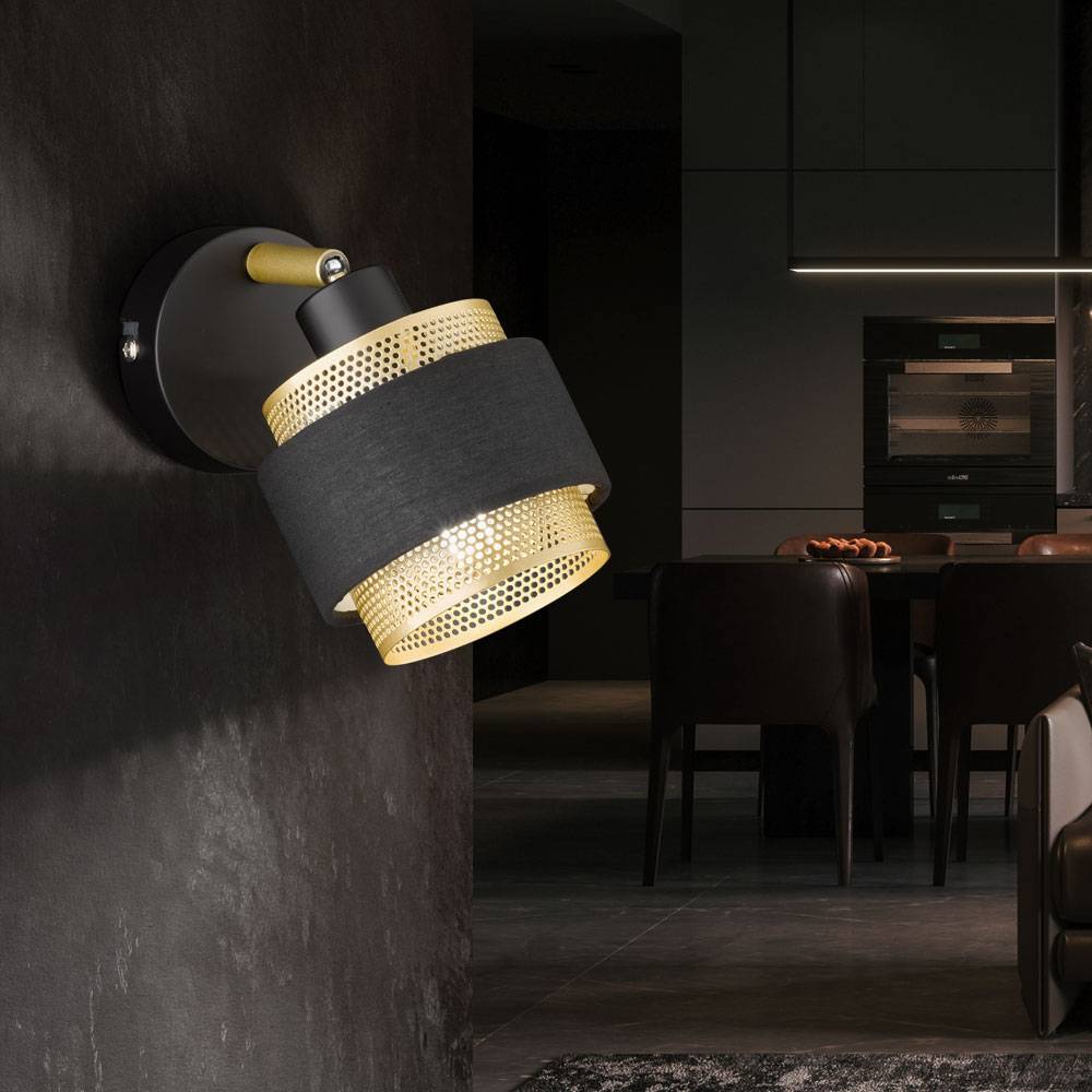 Wandleuchte Wohnzimmerlampe Flurleuchte Wandlampe mit beweglichem Spot, Metall Holz Textil, 1x E14 Fassung, LxBxH 10x13,5x17 cm, 2er Set