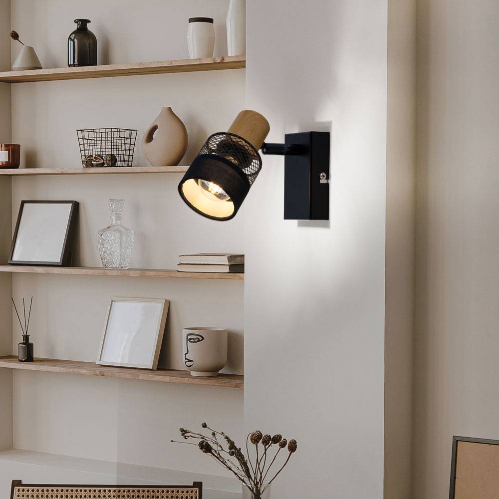 Wandleuchte Wohnzimmerlampe Holzlampe Wandlampe mit beweglichem Spot, Metall Textil, schwarz, 1x E14 Fassung, LxBxH 10x13,5x17cm, 2er Set